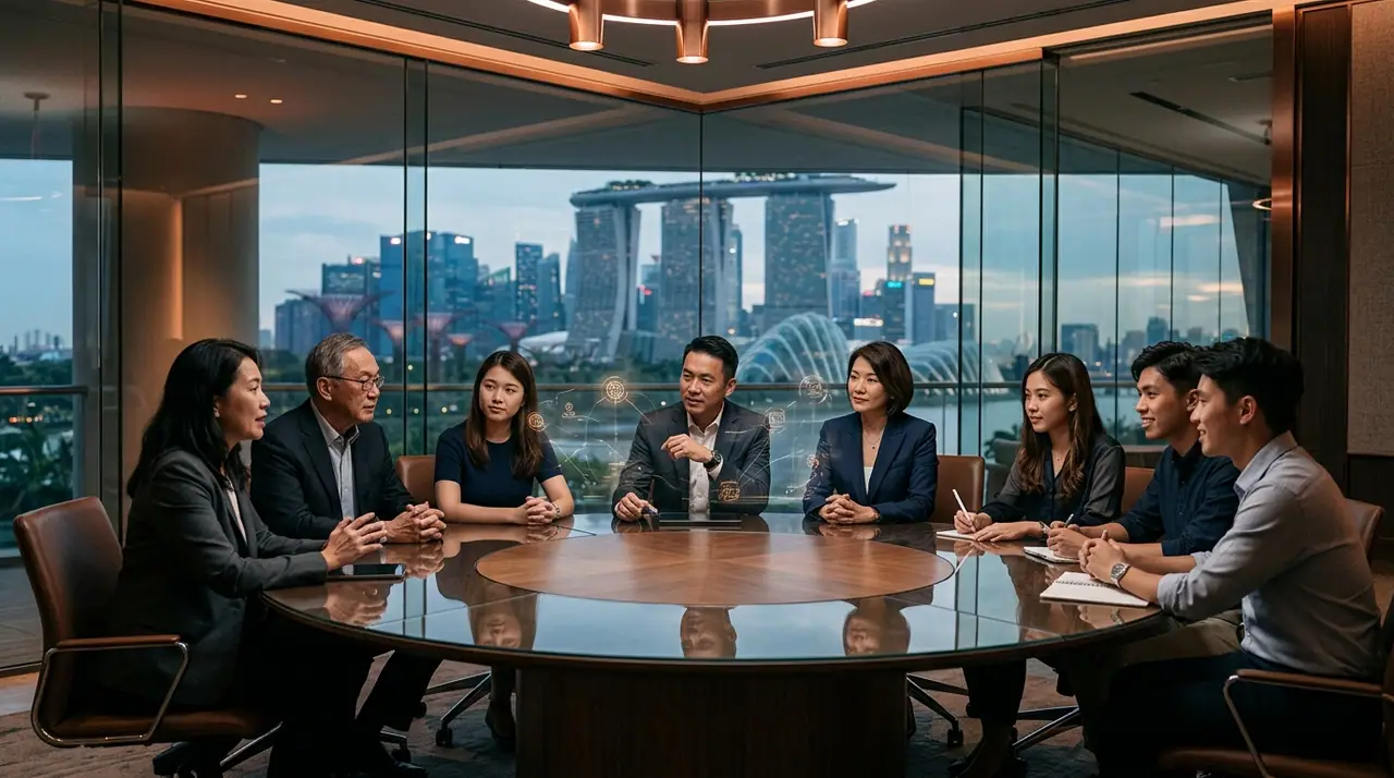 A Singapore tripartite scene blending public institutions, employers and young workers with subtle technology motifs, conveying coordinated transition