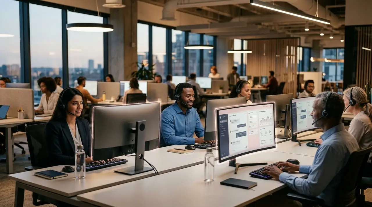 A modern customer-experience operations floor where human agents and AI assistants work side by side