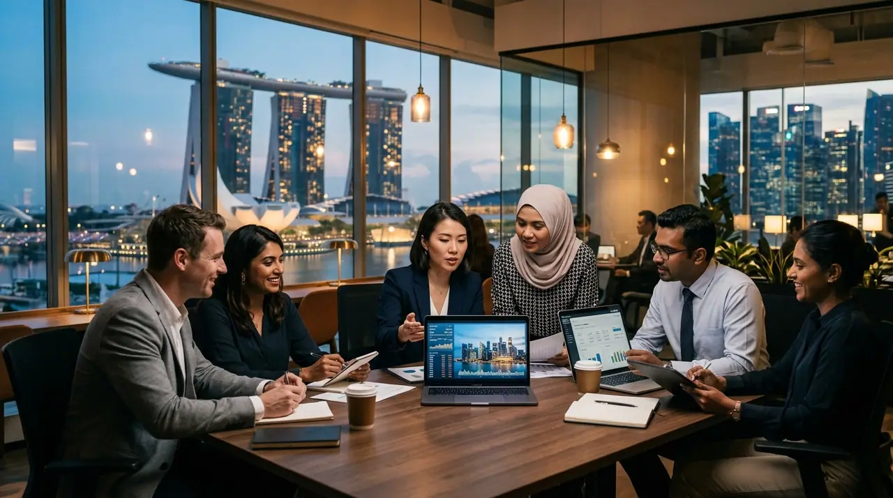 A Singapore bank's customer-experience team in a Marina Bay office, blending human advisors with AI tools