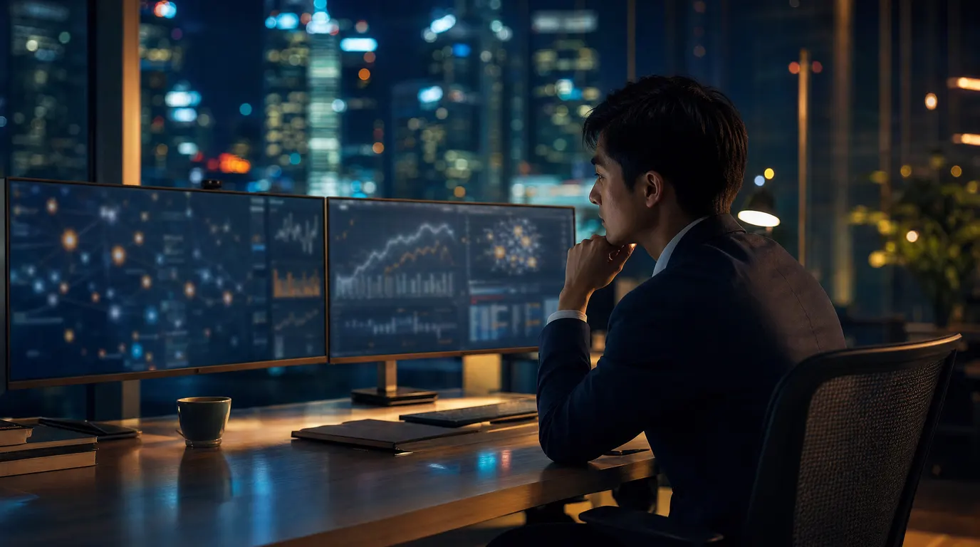 A compliance professional in a Singapore financial district office reviewing AI-generated monitoring output on dual screens, ambient city lights visible through floor-to-ceiling glass, cinematic shallow depth of field in navy and warm amber tones