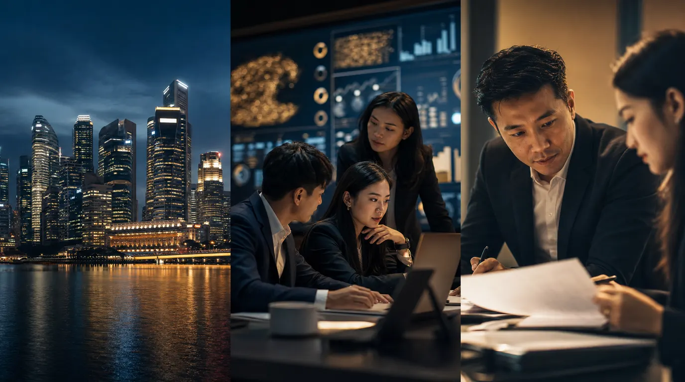 A tripartite scene combining Singapore's financial district skyline, a modern compliance team working alongside AI dashboards, and a regulatory document review, rendered in deep navy with warm gold accents and shallow focus
