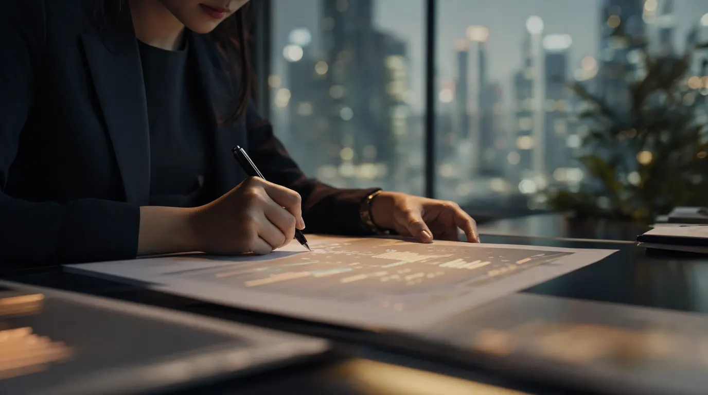 A close-up of a compliance professional's hands annotating an AI-generated regulatory report, a Singapore financial district visible softly out of focus through a window, deep charcoal and warm accent tones, premium editorial quality