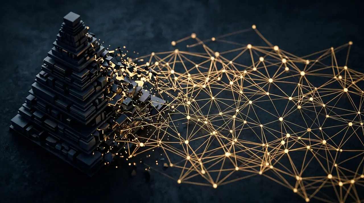Abstract overhead view of a corporate organisation chart dissolving from many stacked layers into a flat, wide network of connected nodes, navy and charcoal tones with warm gold connection lines, cinematic shallow focus