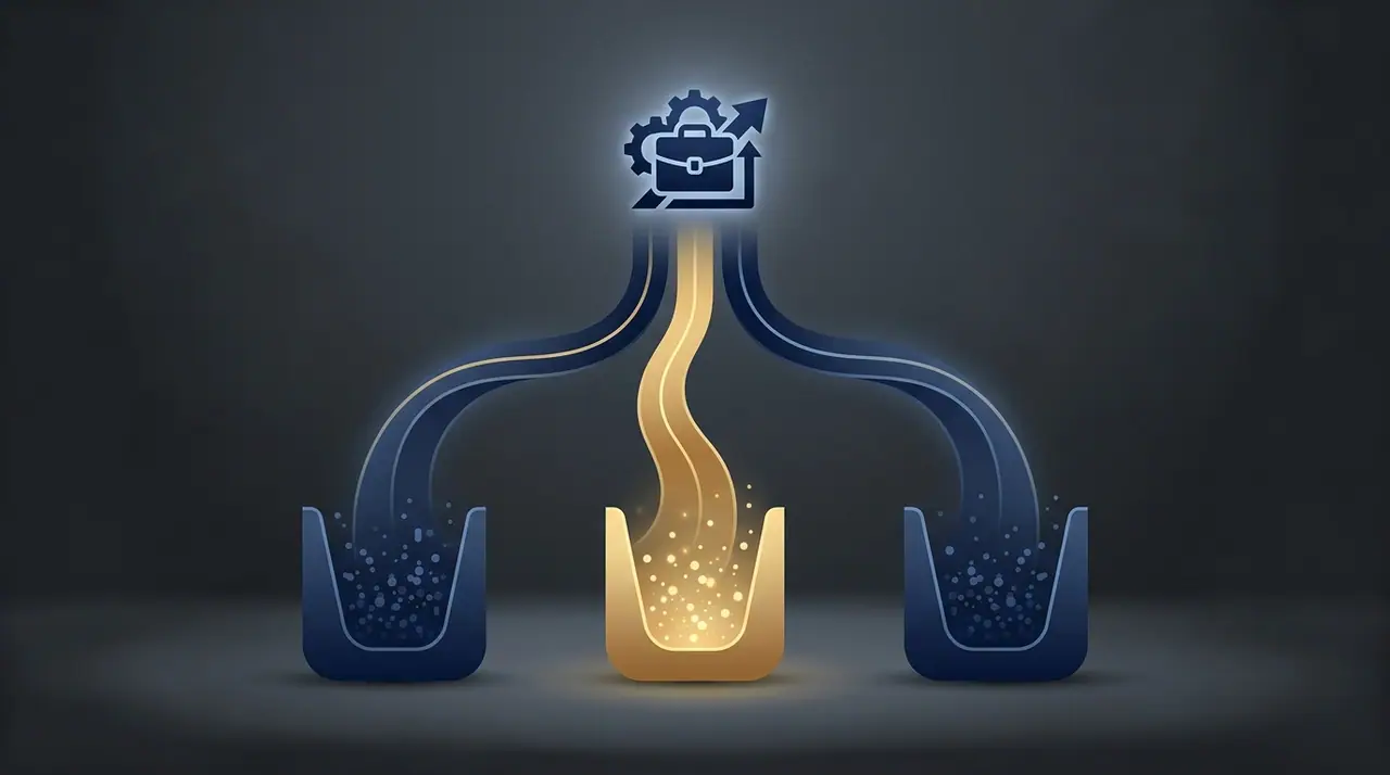 A clean conceptual illustration of a single job icon being separated into three labelled streams flowing into three distinct containers, navy and charcoal palette with one warm gold accent stream, editorial minimal style, soft depth of field