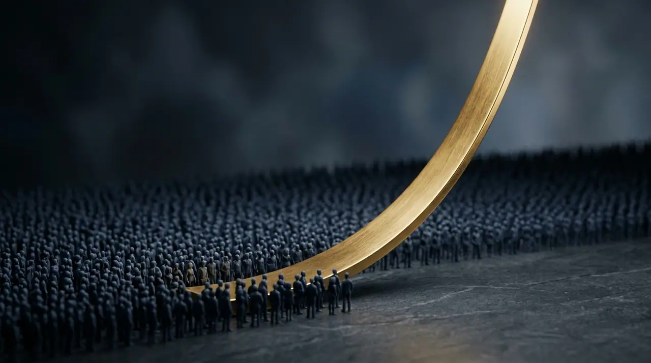 A premium financial-editorial still life of an upward-curving line rendered as a sculptural object rising above a flat plane of identical small figures, navy and charcoal with a single warm gold rising line, dramatic cinematic lighting, shallow depth of field, no text