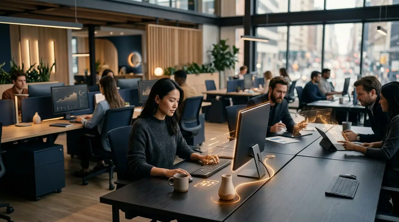 A modern open-plan office where an ambient AI assistant is woven invisibly into every desk and workflow