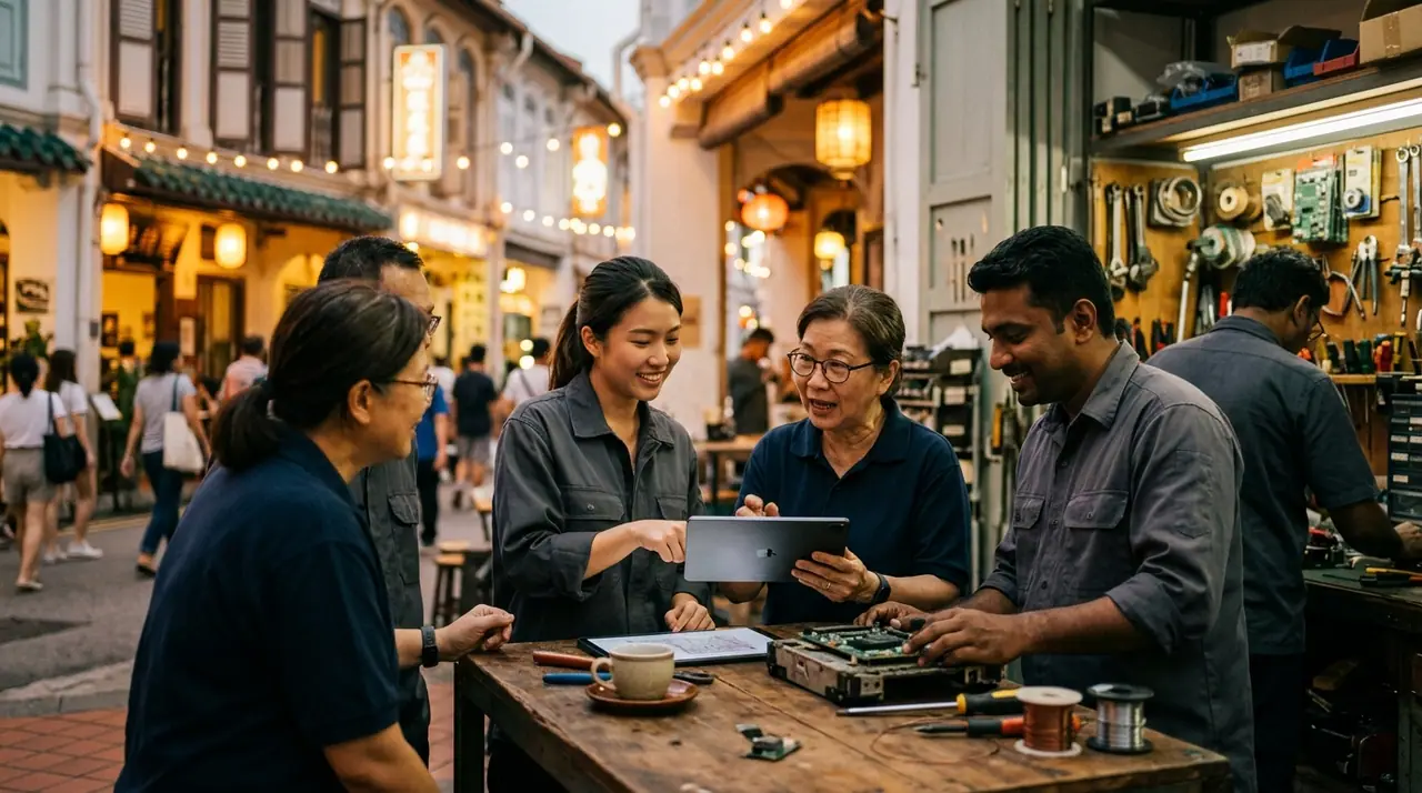 A Singapore scene blending small-business owners, workers and subtle technology motifs in a spirit of collaboration