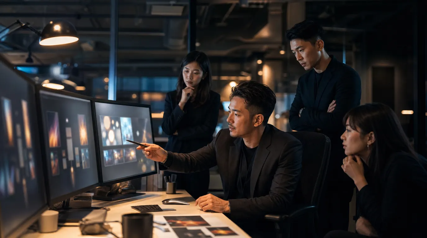 A creative director in a modern Singapore office reviewing AI-generated campaign drafts on dual screens, surrounded by a small focused team — the human as editor and director, not production engine