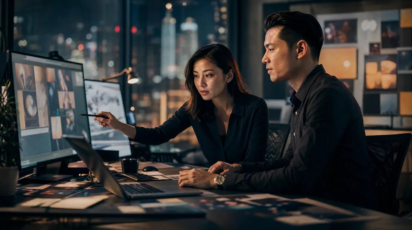 A Singapore SME marketing team of two working with AI tools — screens showing campaign assets in various stages of production, human editorial direction visible in the workflow