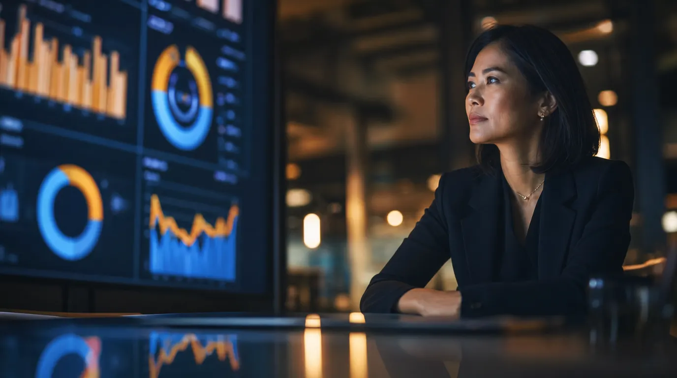 A CMO reviewing a dashboard of marketing KPIs — pipeline, content throughput, brand health — cinematic depth of field with a clean, intent-filled composition
