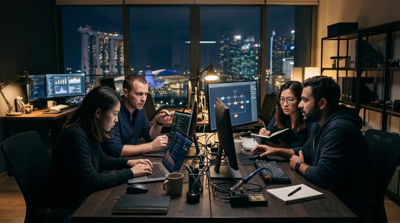A small, intensely focused team working in a calm modern Singapore studio surrounded by ambient data and tooling