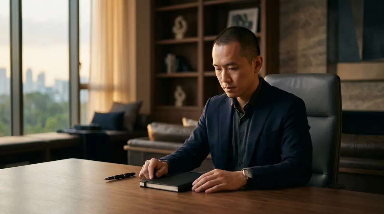 A Singapore founder at a calm desk, freed from administrative clutter, focused on a single high-value decision
