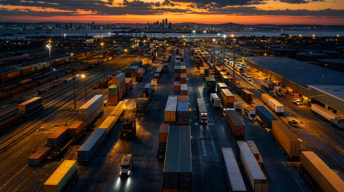 A cinematic aerial view of a modern logistics hub at dusk, shipping containers and freight vehicles arranged in geometric patterns, navy and amber tones, shallow depth of field