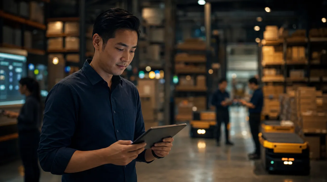 A Singapore warehouse where human workers and autonomous robots share the floor — warm amber lighting, cinematic depth, one worker in the foreground reviewing a tablet, machines blurred in the background