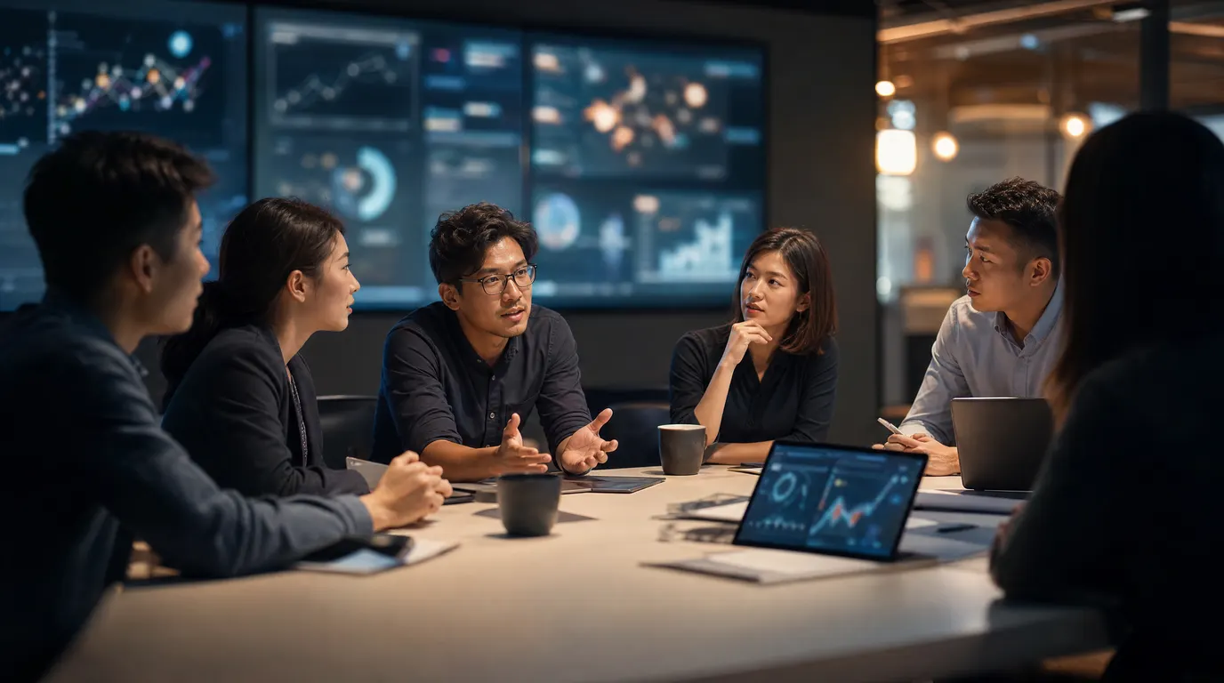 A wide-angle, cinematic shot of a lean Singapore operations team around a clean modern table, AI dashboards on large screens behind them, warm light, shallow depth of field, human faces attentive and engaged