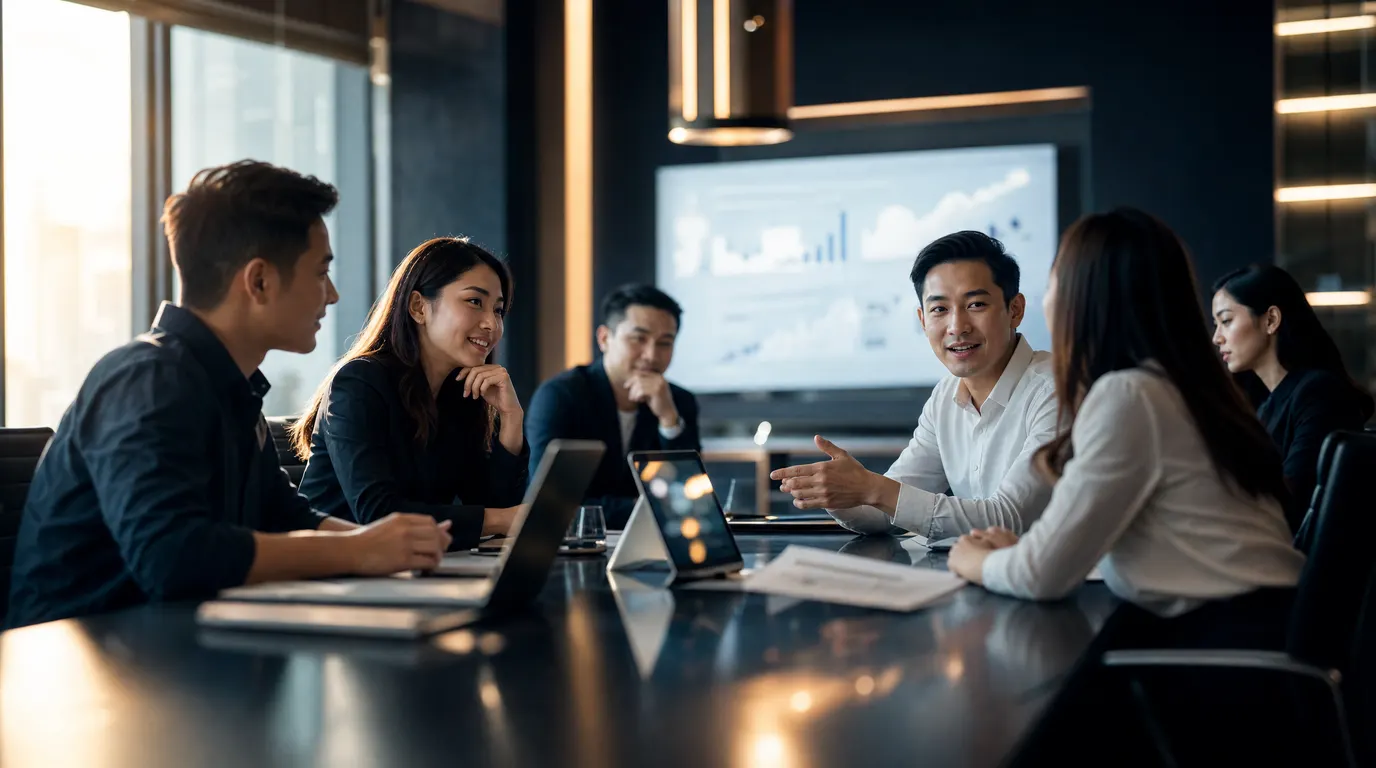 A modern Singapore SME team at a sleek conference table, some members reviewing analytics dashboards while others engage in conversation, warm morning light, shallow depth of field, no visible text