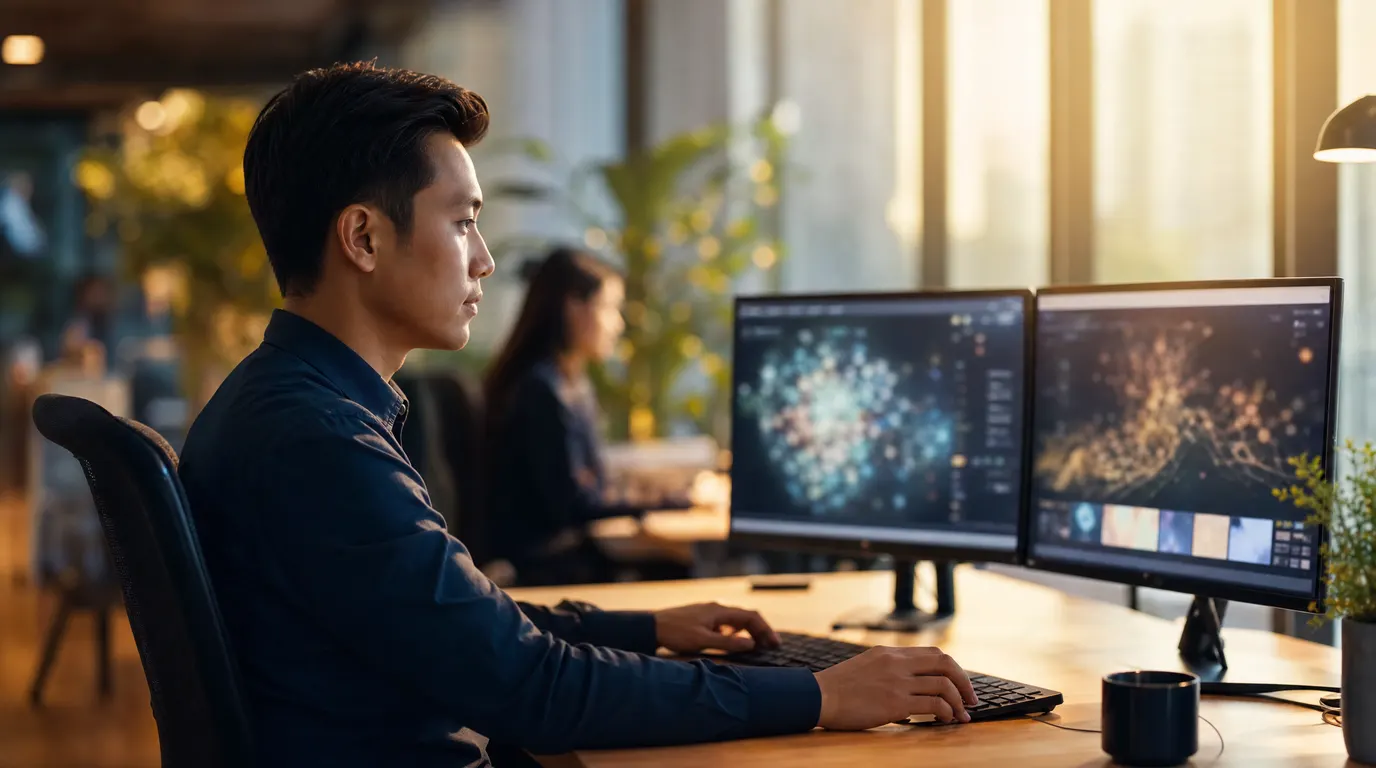 A Singapore professional reviewing AI-generated outputs on a dual-screen workstation in a bright co-working space, warm light from floor-to-ceiling windows, plants in background, shallow depth of field, no text visible
