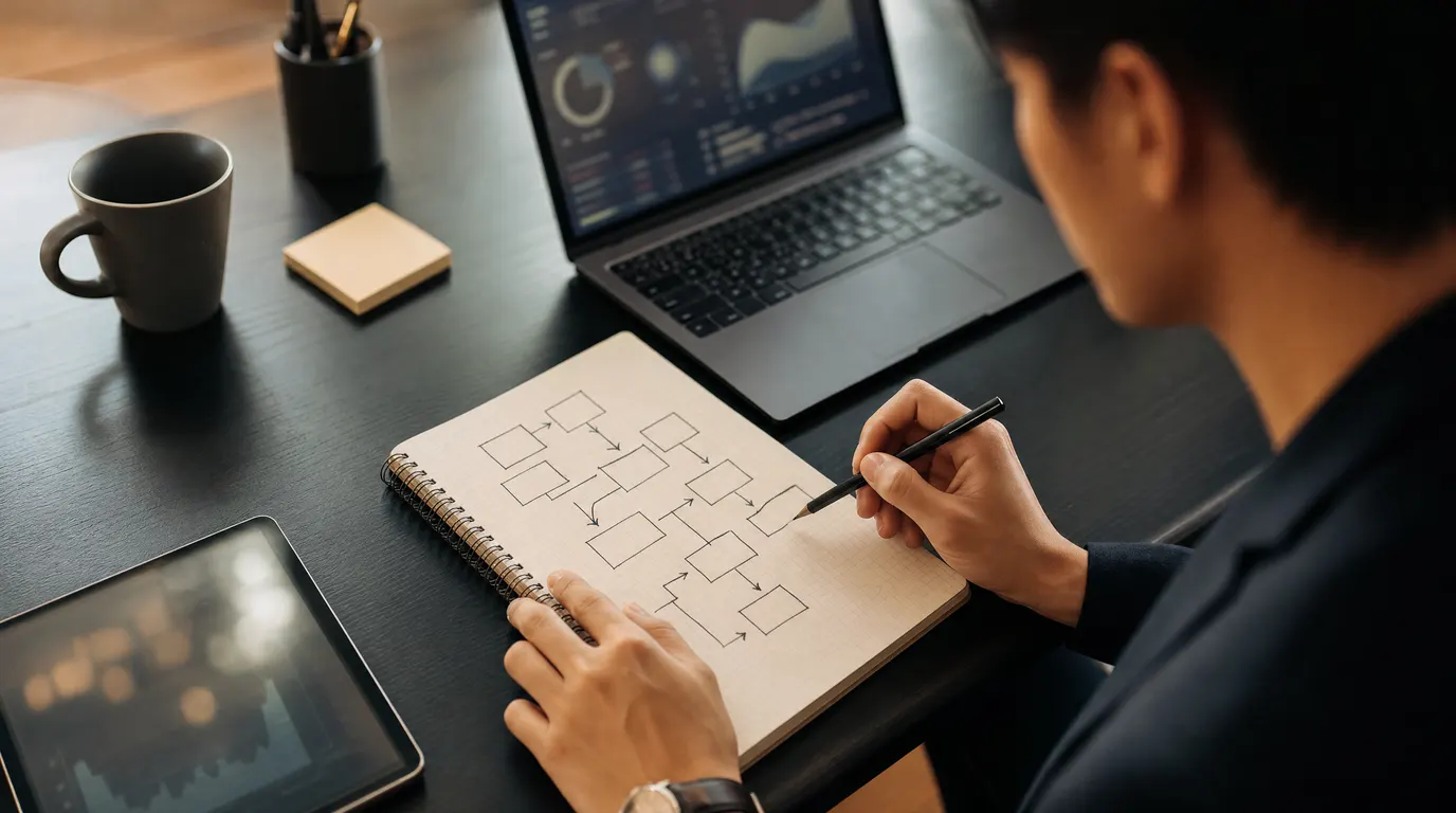 A tight overhead shot of a clean desk with a notebook showing a workflow diagram, a laptop open to a dashboard, and hands making notes, warm natural light, no text or logos visible, cinematic depth of field