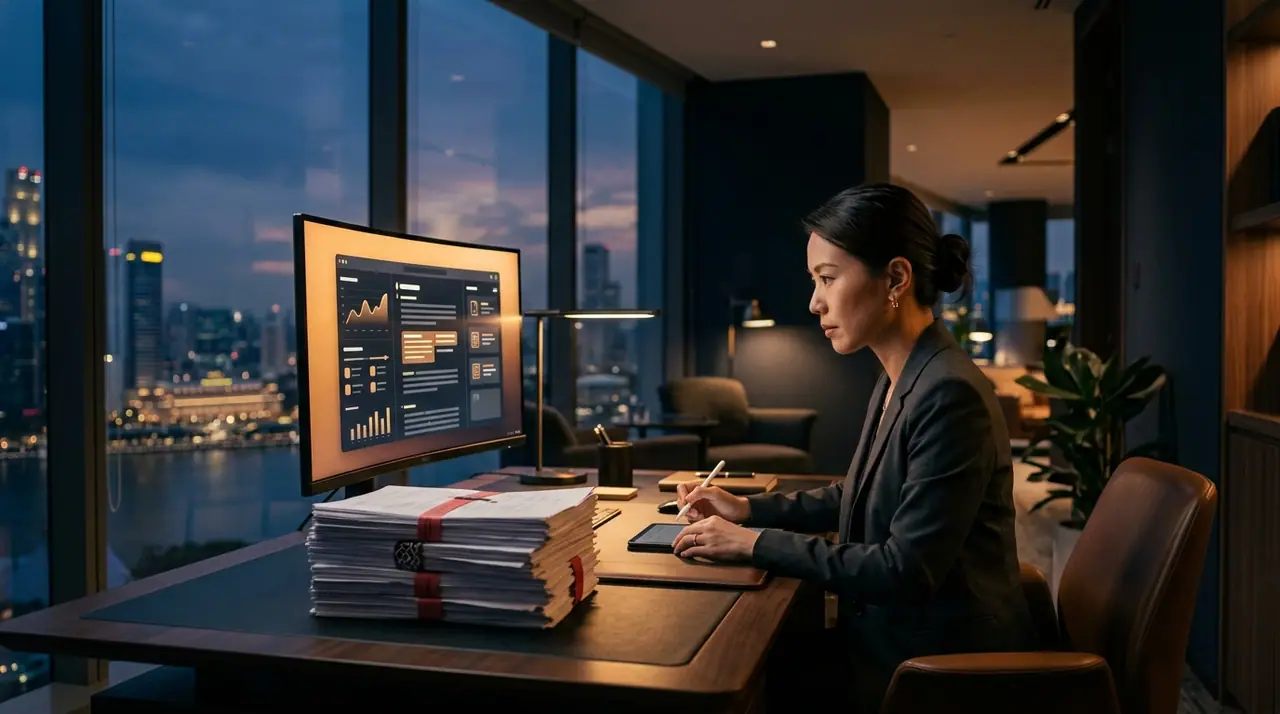 A Singapore law firm where an AI contract-review interface and a focused paralegal share the same desk, documents and screens lit warmly against a dark office