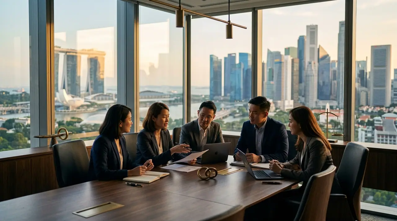 A Singapore tripartite scene blending the skyline, a modern law office and collaborative reskilling, with subtle legal and technology motifs in warm light