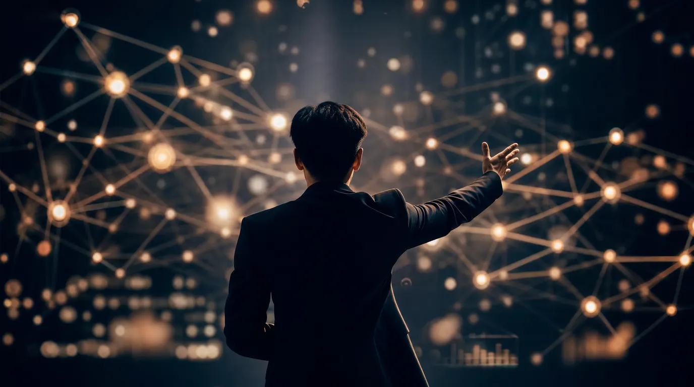 A single conductor silhouette standing before a luminous grid of interconnected AI nodes, cinematic navy and charcoal palette with warm amber light, shallow depth of field, no text