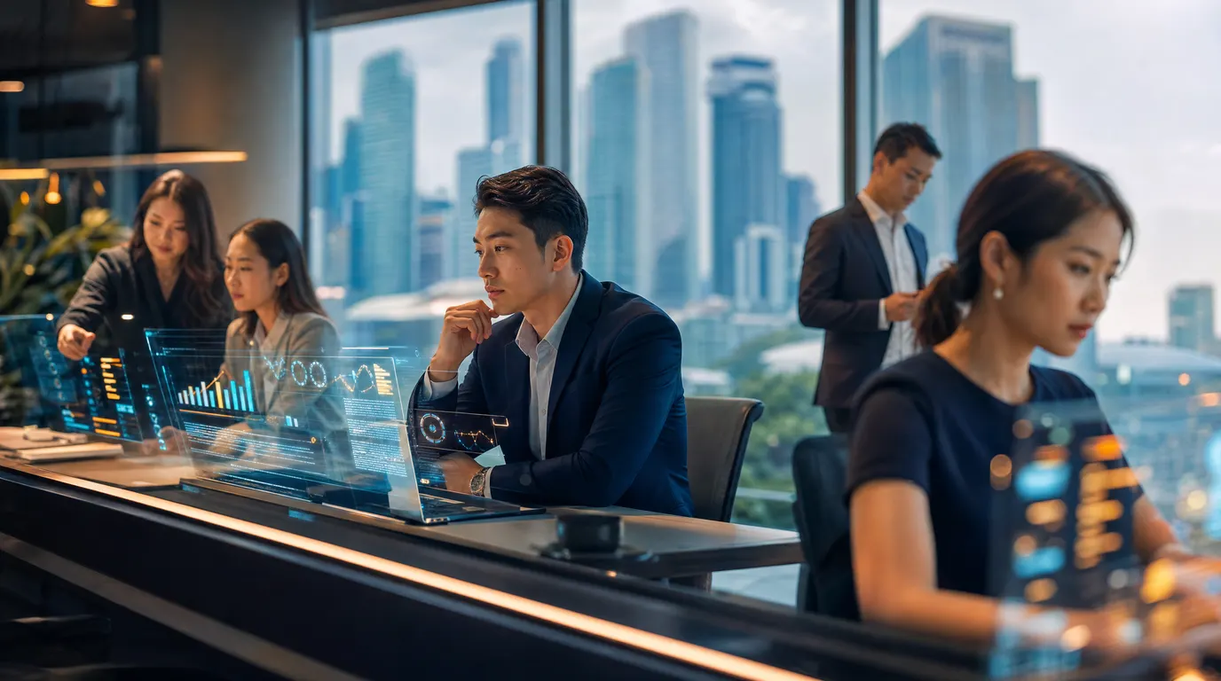 A diverse group of professionals in a modern Singapore-skyline office, each at a sleek workstation with holographic agent-status dashboards, cinematic navy and glass palette, warm natural light from floor-to-ceiling windows, shallow depth of field, no text or logos