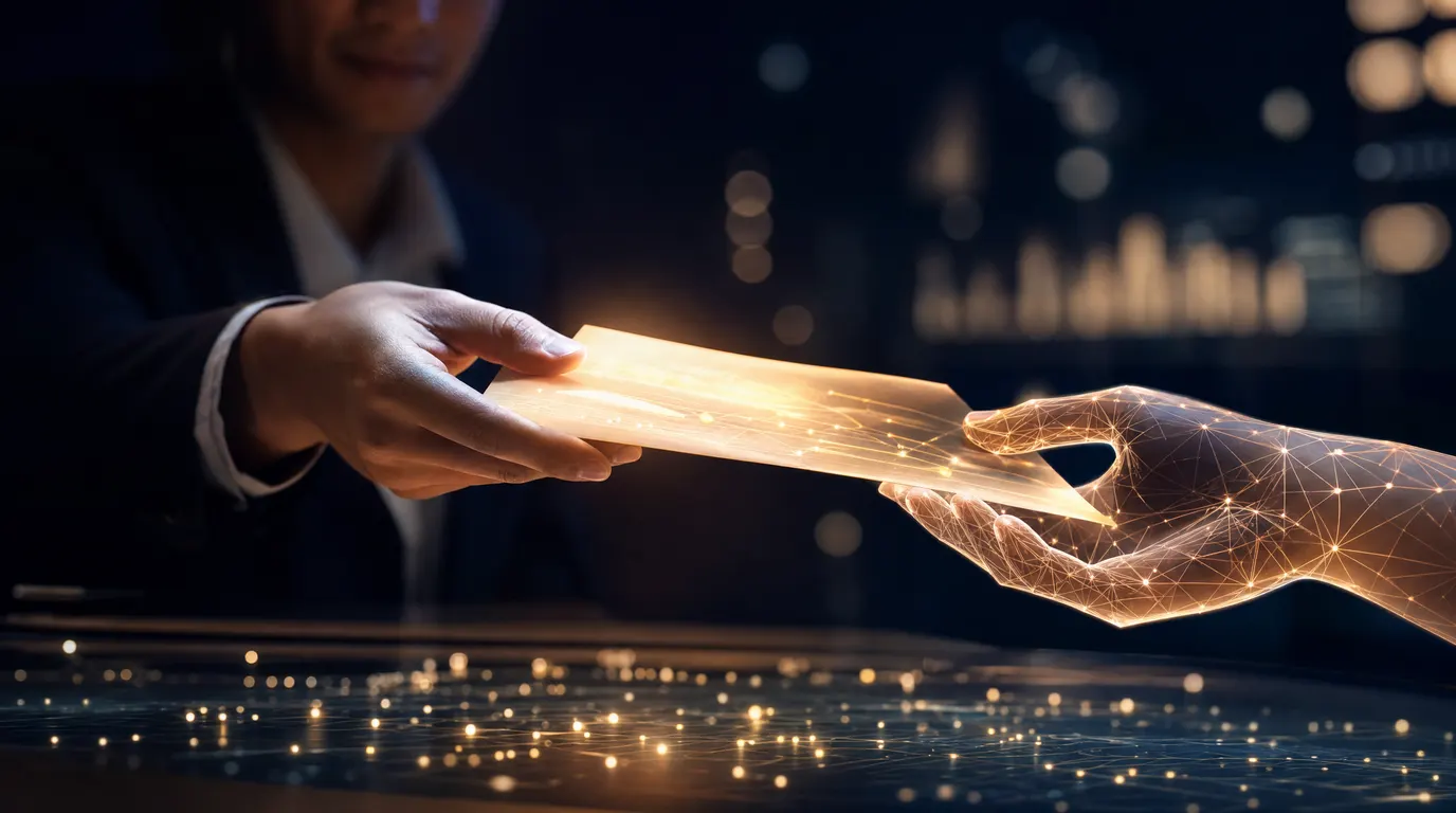 A close-up of two hands — one human, one rendered as a luminous geometric structure — exchanging a glowing document, cinematic navy background with warm amber and white light, shallow depth of field, premium editorial, no text or logos