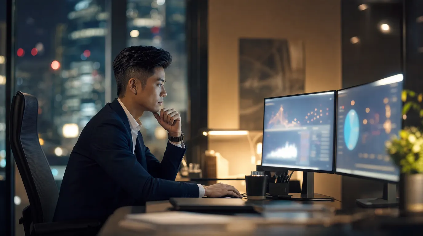 A Singapore sales professional reviewing AI-generated prospect intelligence on a dual-screen setup in a modern CBD office, shallow depth of field, navy and warm amber tones
