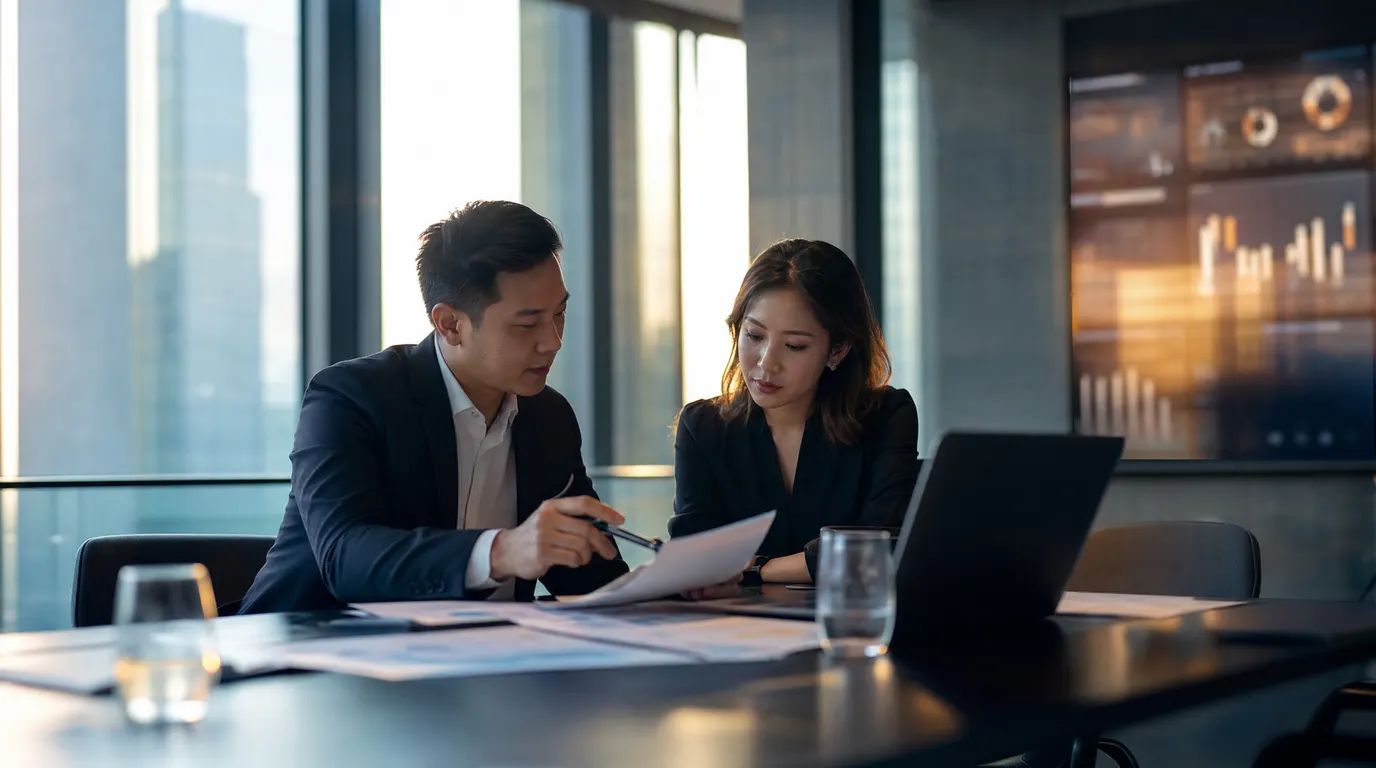 A Singapore boardroom meeting with two professionals reviewing a complex proposal, late afternoon light through floor-to-ceiling glass, charcoal and warm accent tones, cinematic shallow focus