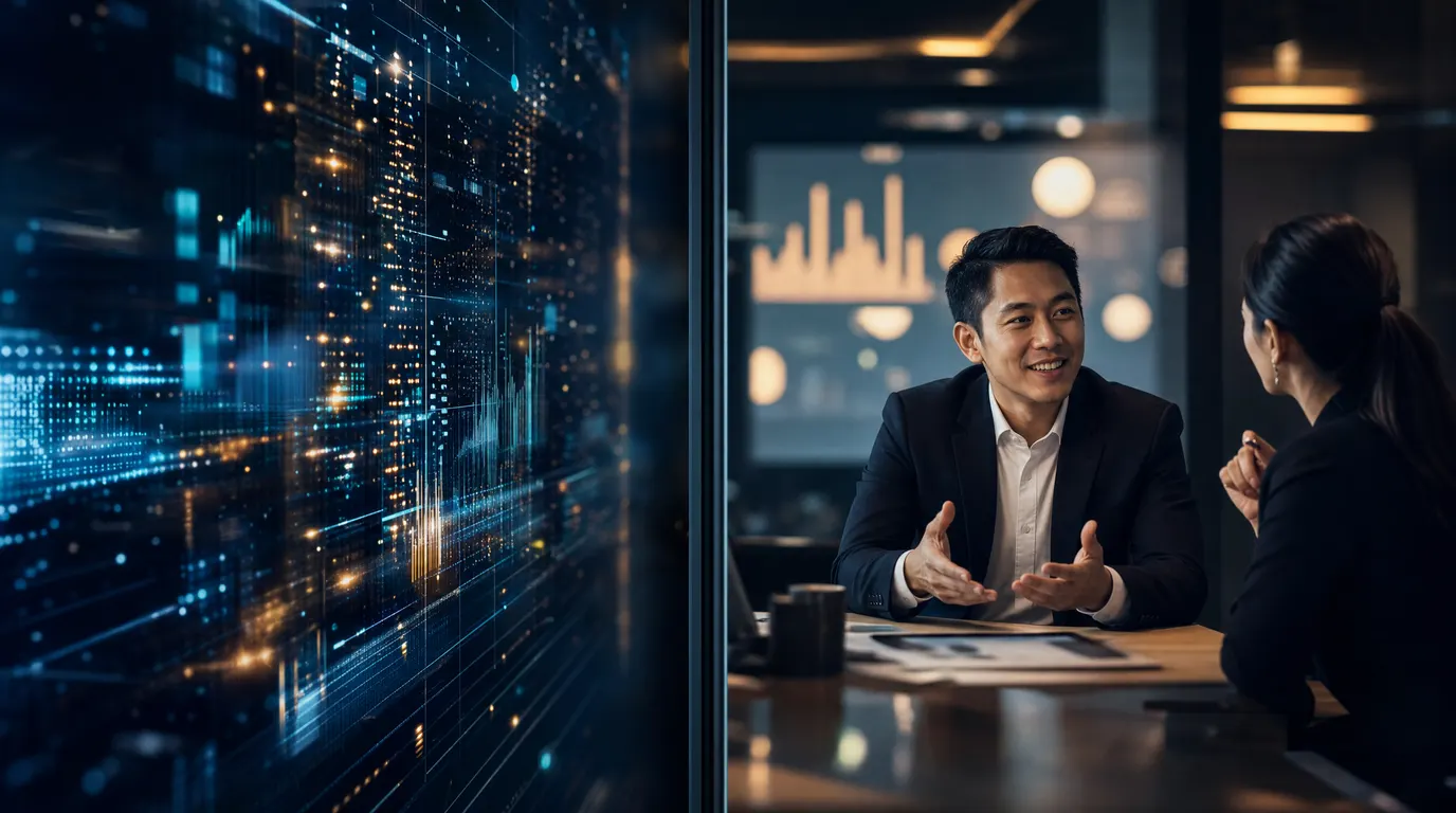 A conceptual split-frame showing AI prospect data on one side and a human sales professional in a genuine client conversation on the other, sophisticated navy and charcoal palette, editorial wide-angle