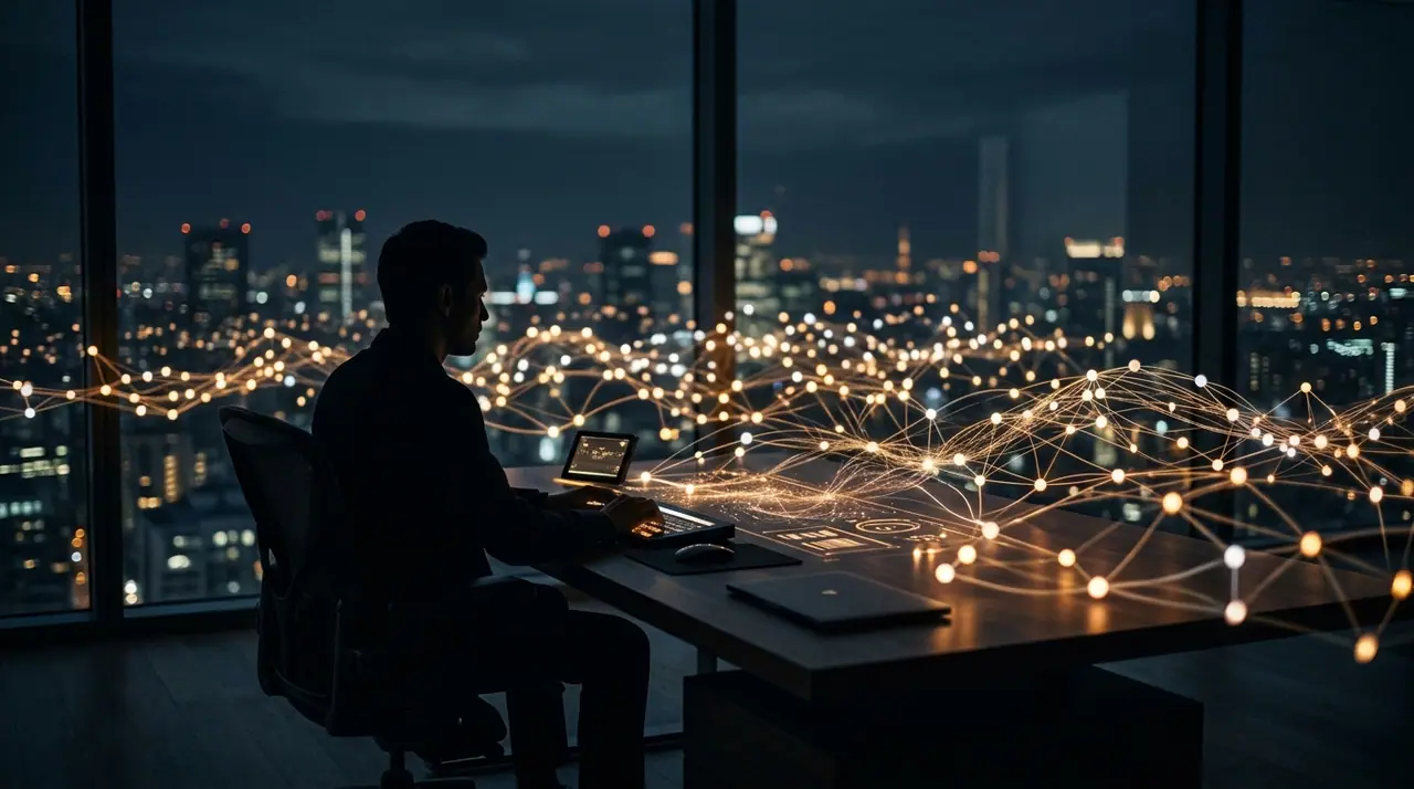 A single human silhouette at a desk overseeing a constellation of glowing nodes representing AI agents, navy and charcoal palette with warm amber accents
