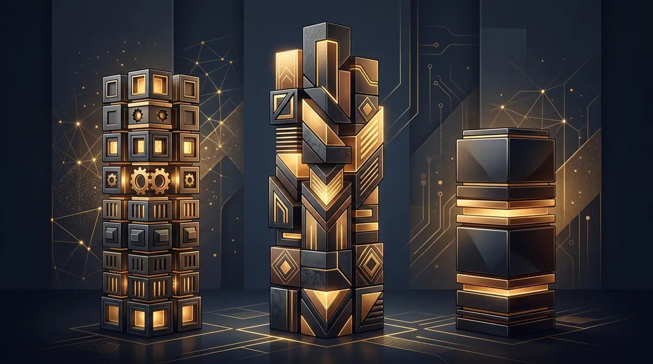 Three labelled vertical columns of stacked blocks representing automate, augment, and reserve buckets, editorial infographic style in navy and warm gold
