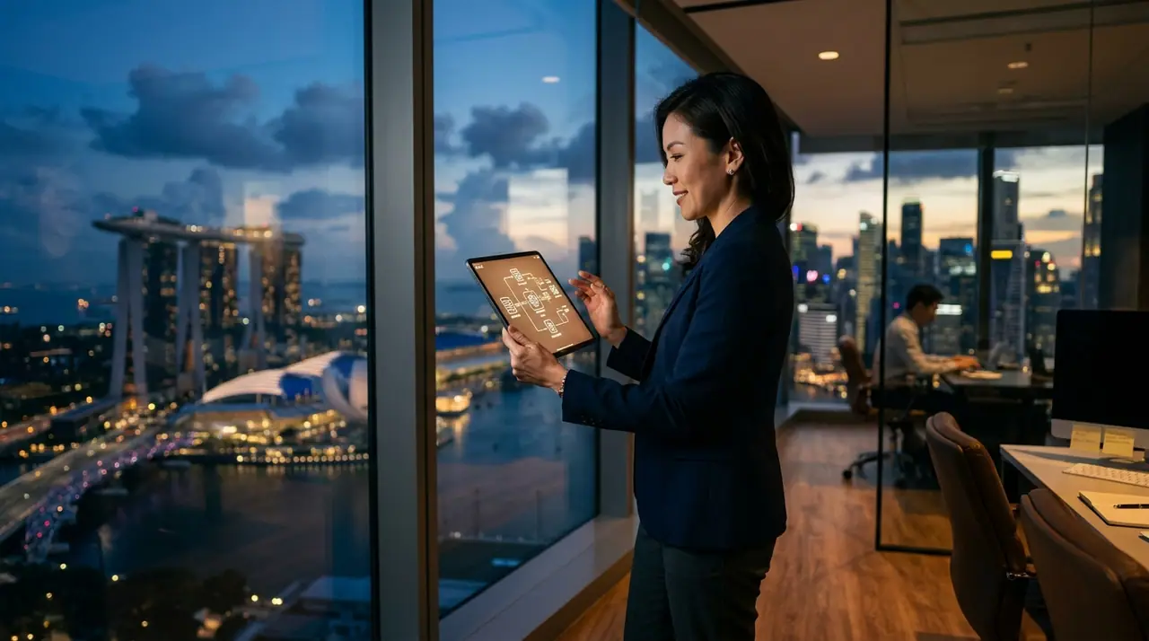 A confident executive in a modern Singapore office reviews a tablet displaying an AI workflow diagram, city skyline visible through floor-to-ceiling glass, navy and warm amber tones, shallow depth of field, cinematic