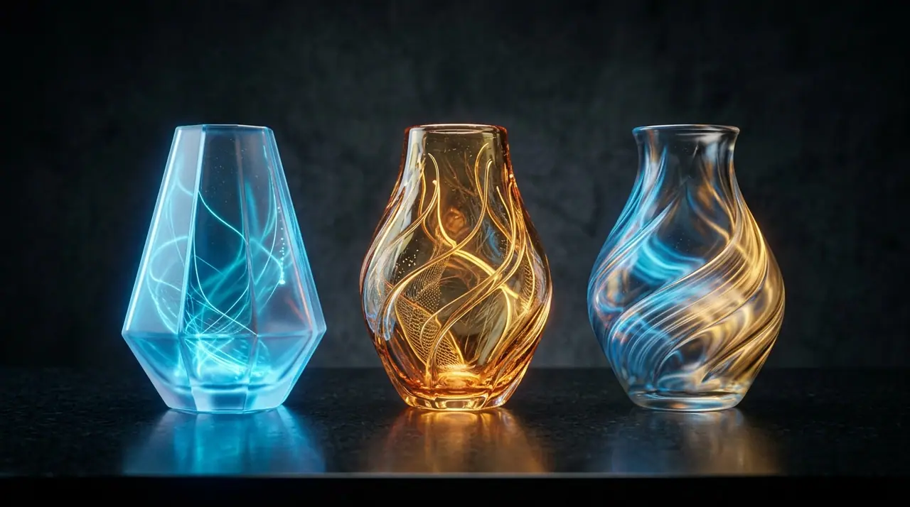Three glowing buckets arranged on a sleek dark surface — left blue, centre warm gold, right a blend of both — representing AI tasks, human tasks, and collaborative tasks, macro cinematic render, no text