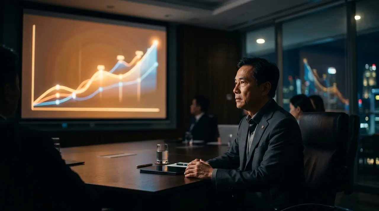 A Singapore investor studies an upward-trending revenue-per-employee chart on a large screen in a dim boardroom, navy and warm gold ambient lighting, shallow depth of field, no text visible, cinematic editorial