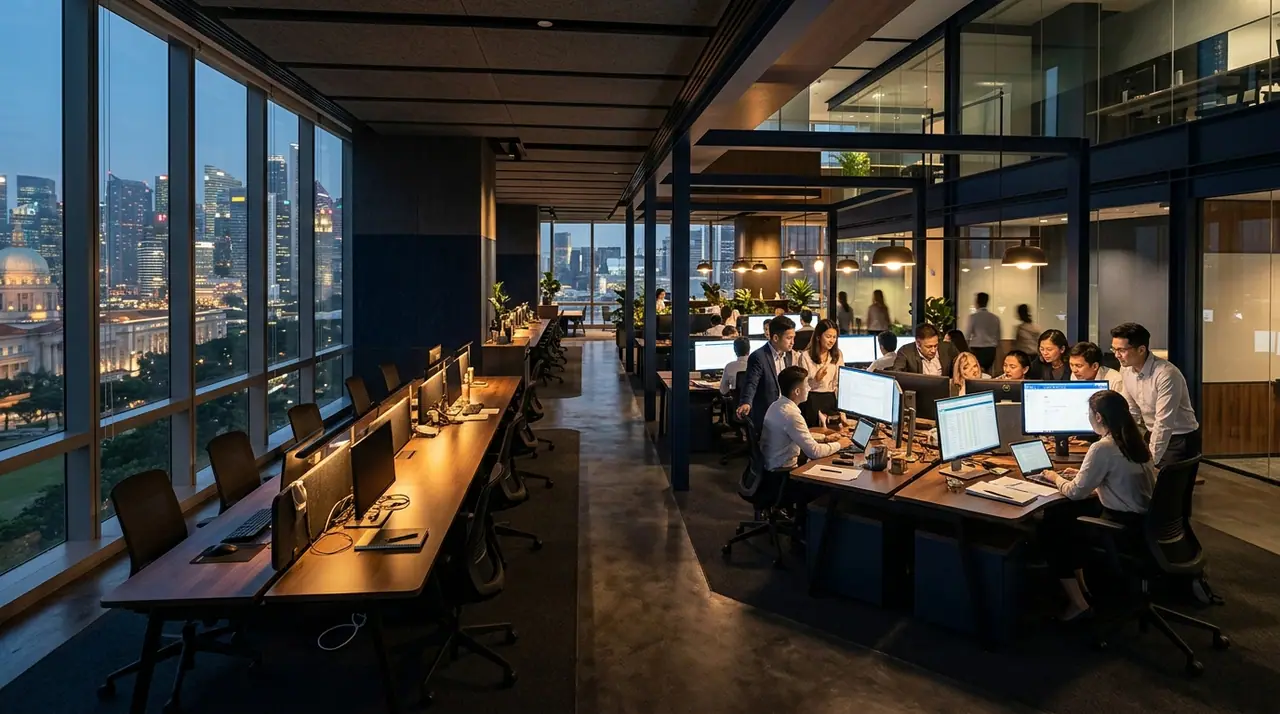 A wide-angle view of a modern Singapore corporate office floor — open plan, warm light pooling on empty management pods and active collaborative workstations, conveying the architectural shift from hierarchical layers to flatter spans