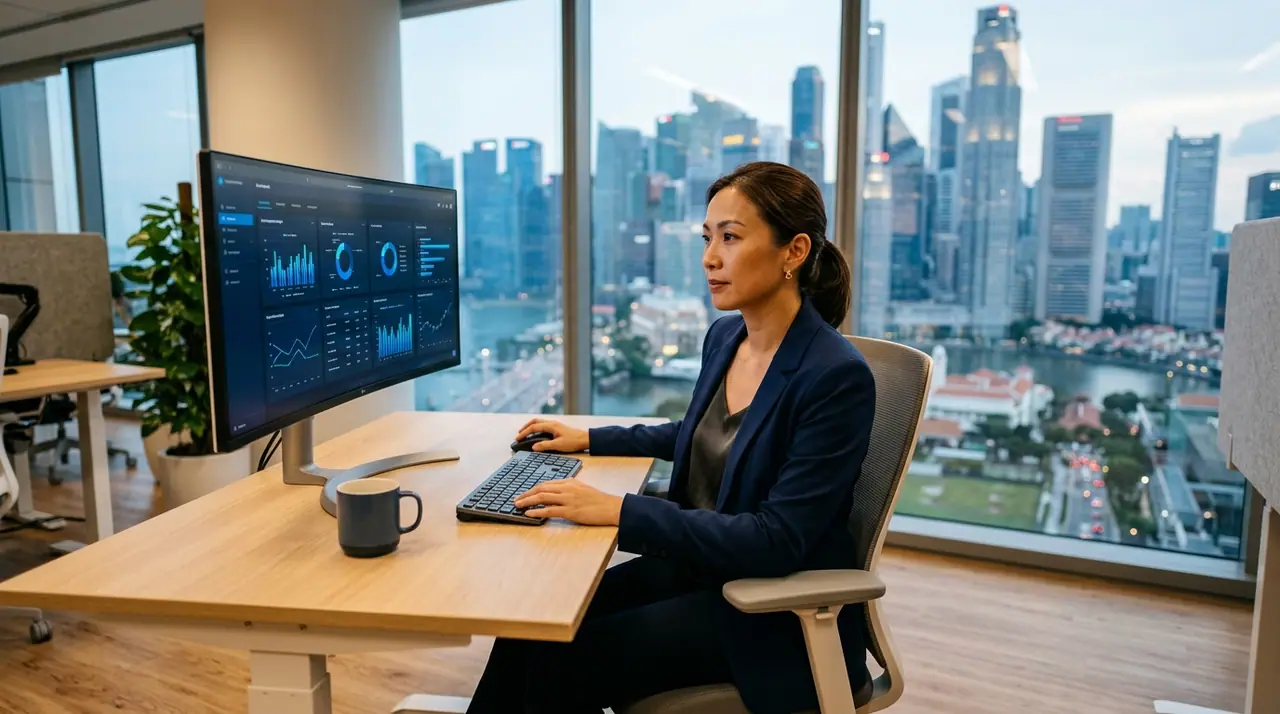 A Singapore mid-career professional at a bright, minimal desk reviewing agent-generated reports on a large screen, with a small human team visible in the background, conveying the widened span of an AI-augmented manager