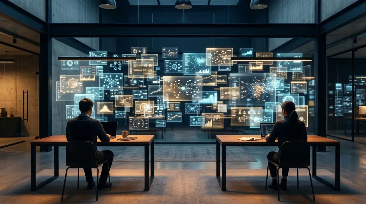 A minimalist modern office with two human desks and a wall of glowing screens representing many AI agents working in parallel