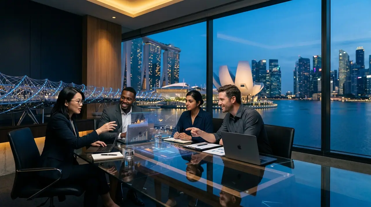 A Singapore Marina Bay skyline at dusk with a modern team blending human professionals and AI interfaces in a calm office