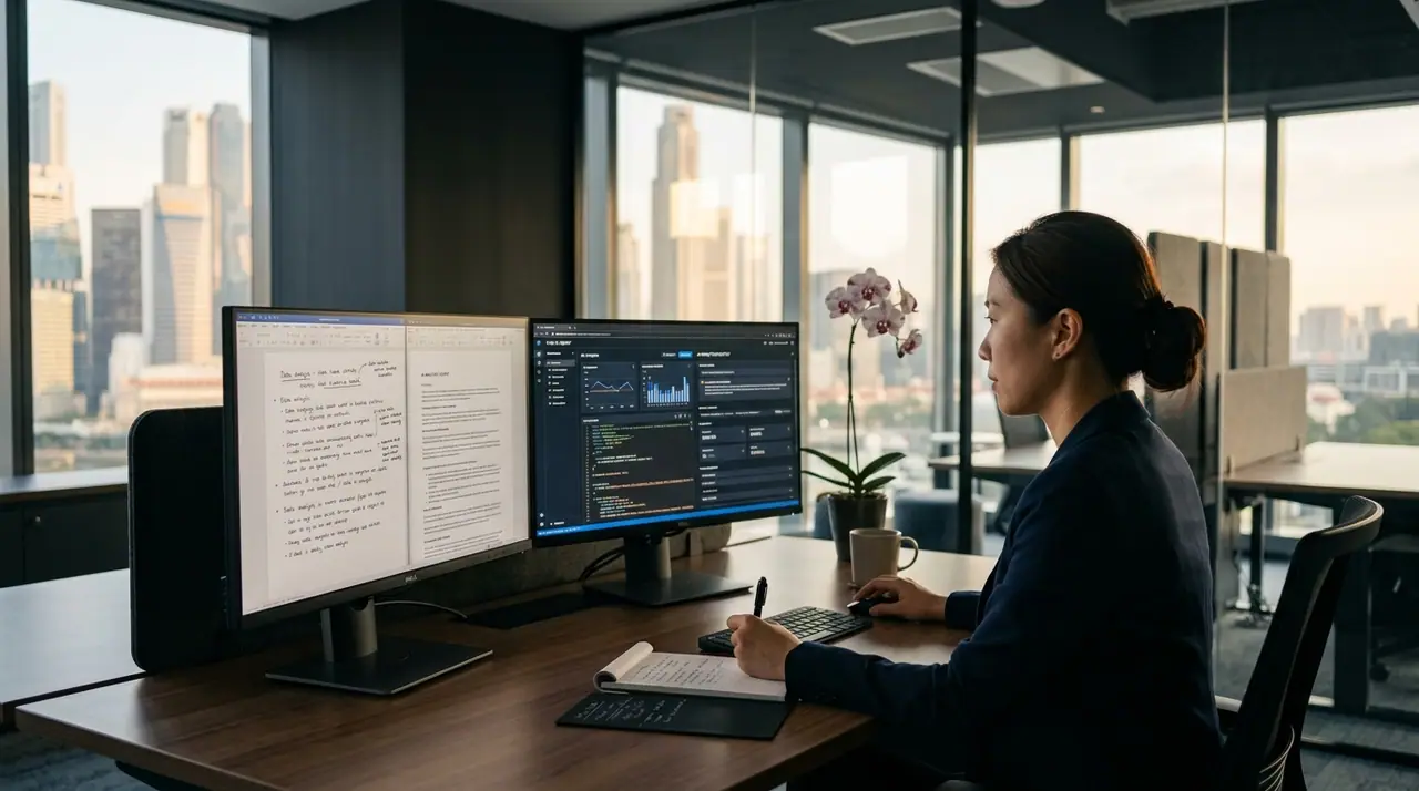 A Singapore professional in a modern glass-walled office reviewing split-screen AI agent outputs alongside her own work — cinematic, navy-charcoal tones, shallow depth of field, no text or logos