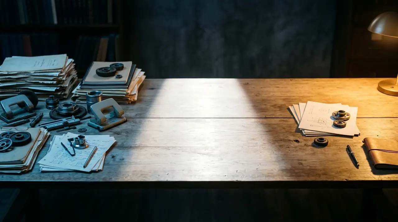 A clean, lit editorial image of a physical or digital whiteboard showing three distinct workspace zones — warm and cool tones, cinematic depth, no text