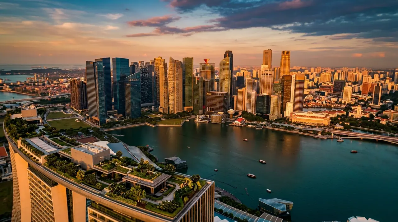 A cinematic aerial view of Singapore's central business district at golden hour — dense, ordered, a city of structures and flows, shot with a warm-to-cool tone gradient, shallow depth of field, no text