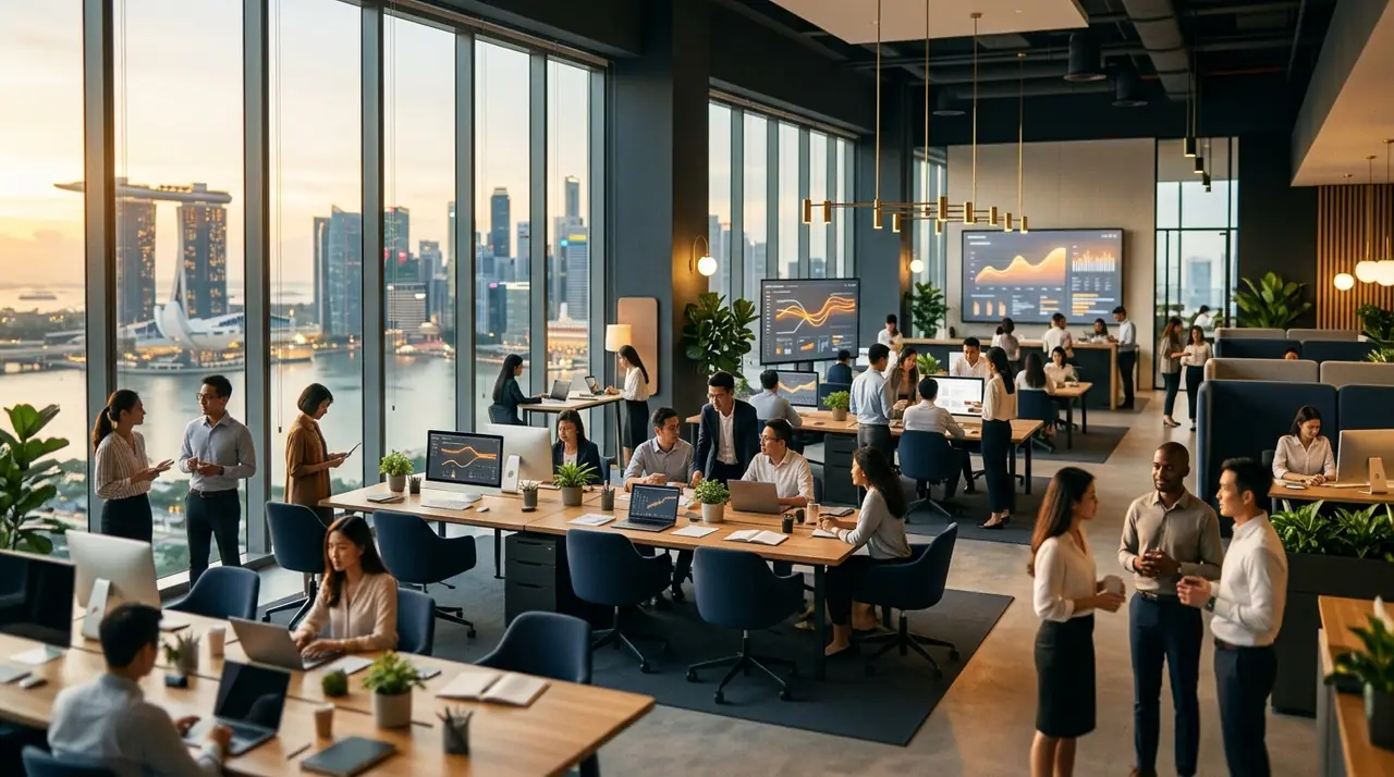 A modern Singapore open-plan office where AI dashboards and human teams share the same workspace, warm light through floor-to-ceiling windows