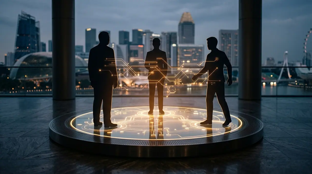 A Singapore tripartite scene blending public-sector, employer and worker collaboration with subtle technology motifs, in a sophisticated editorial style