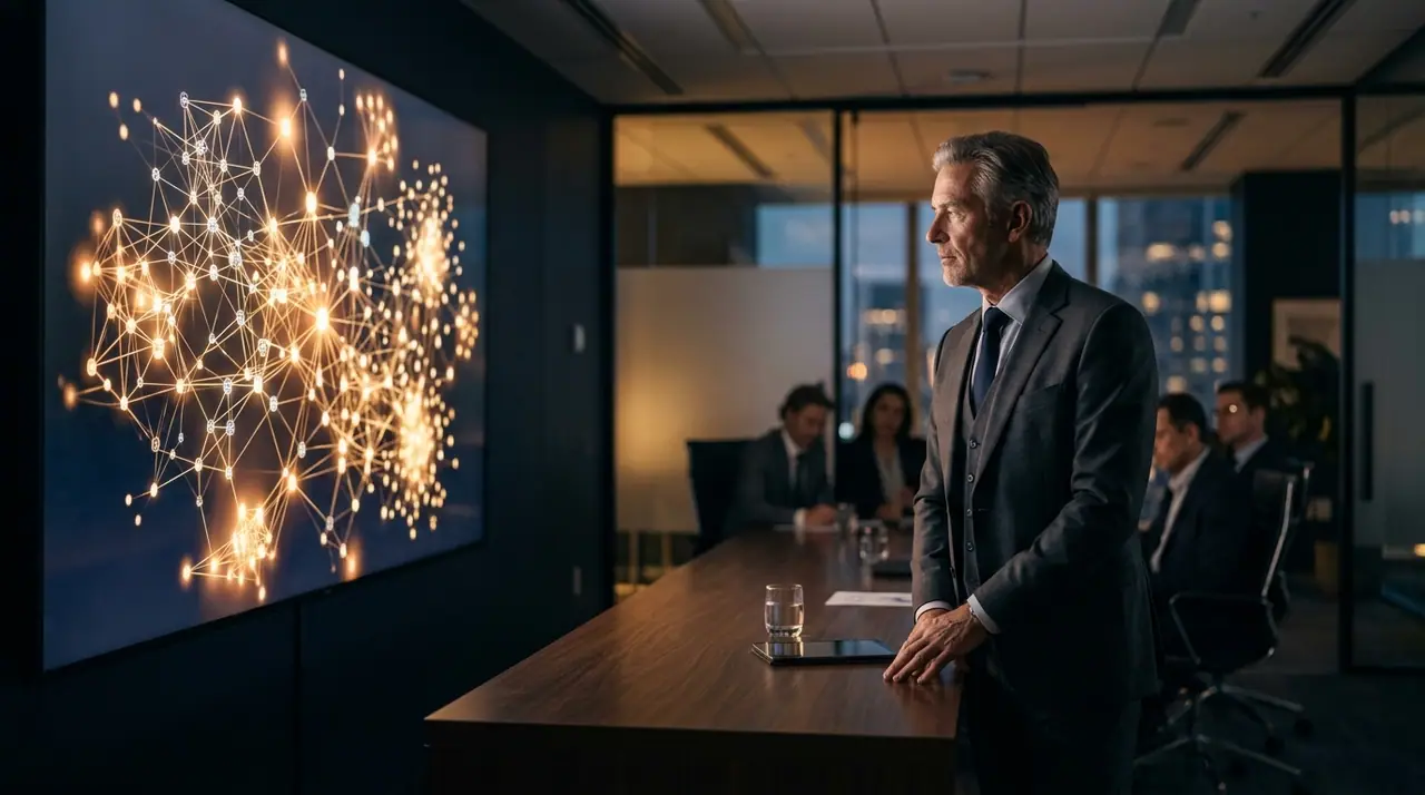 A senior executive stands at the head of a sparse, modern boardroom table, looking at a large screen showing a network of interconnected nodes representing AI agents, navy and charcoal tones with a warm amber light source, shallow depth of field, no text