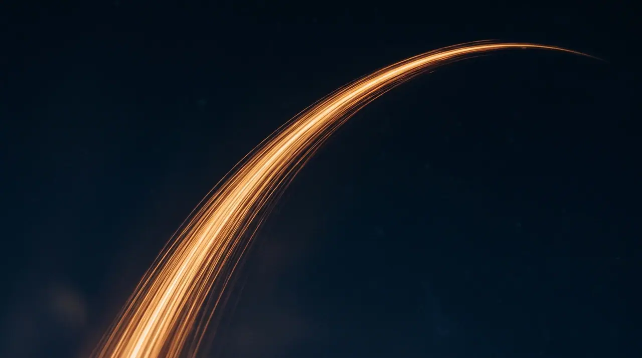 A minimalist abstract chart rendered in deep navy with a single luminous curved line rising through shallow depth of field, no text, representing sustained operating leverage growth, cinematic editorial lighting with warm accent highlights